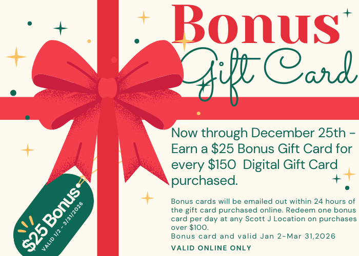 Promotional flyer for a $25 bonus gift card offer with a red bow and green text, valid on digital gift card purchases of $150 or more through December 25th. - Scott J Salons in New York, NY