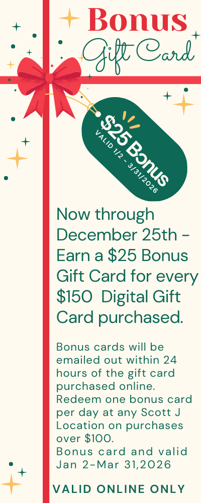 A promotional banner offering a $25 bonus gift card for every $150 digital gift card purchased at Scott Locations; valid online only from Jan 2 to Mar 31, 2026. - Scott J Salons in New York, NY