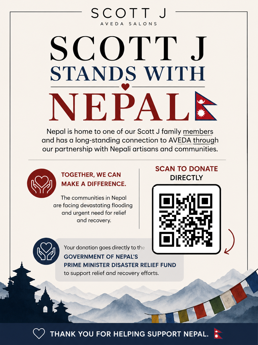 Poster announces SCOTT J support for Nepal flood relief, encourages donations via QR code, and highlights partnership with Nepalese communities and Prime Minister Disaster Relief Fund. - Scott J Salons in New York, NY
